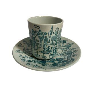 Vintage Danish Village Scene Demitasse Cup Saucer Nymolle Pottery Green Faience